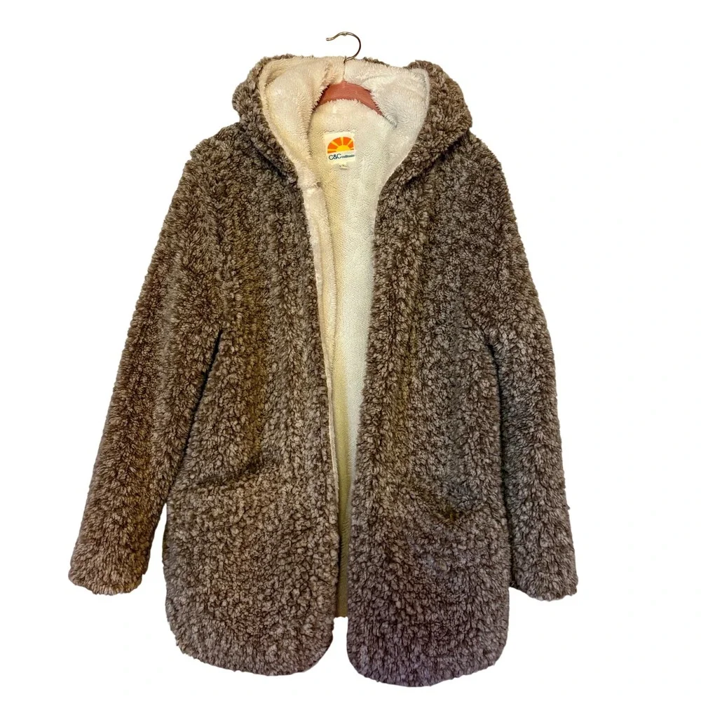 C&C California Women's Size S Cozy‎ Sherpa Hooded Cardigan Jacket Brown